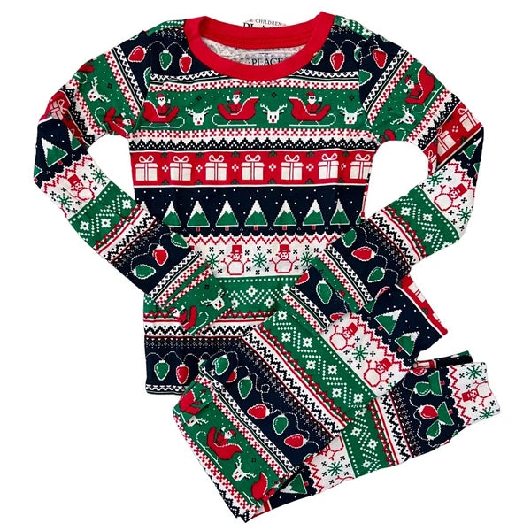 NWT Children's Place Unisex Glow Christmas Fair Isle Cotton Pajamas - SIZE 4
