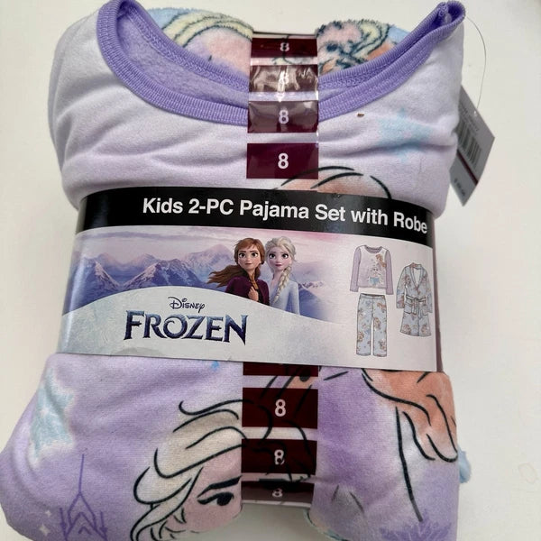 Disney Frozen Plush Robe & 2 Pc Pajamas Size 8 Lilac & Blue Multi MSRP $60 NWT