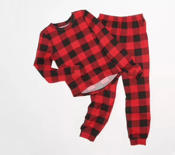 MUK LUKS Children Pajama Set Butter Knit Comfy Top Bottom Plaid Black Red Buff