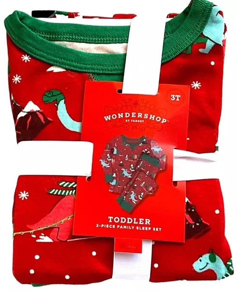 Wondershop 2 Piece Sleep Set Toddler 3T Red Dino Holiday Christmas Pajama Family