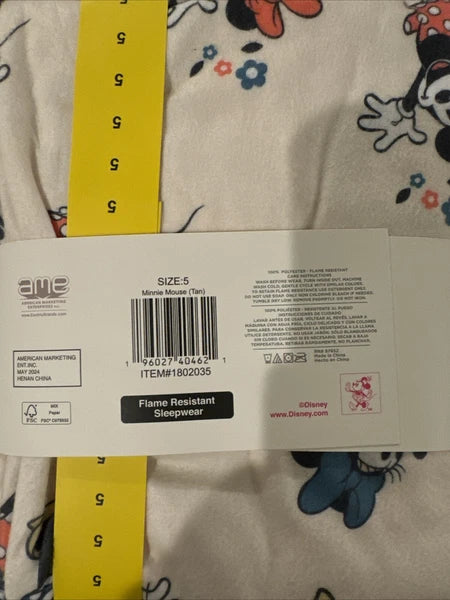 Disney Minnie Mouse Kids 2-PC PJ Set Size 5 Notch Collar Long Sleeves