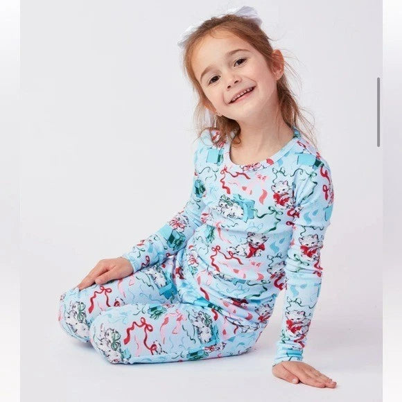 PrintFresh Kids Cotton Christmas Holiday Kitten Wrapped Gift Pajama Set - 6