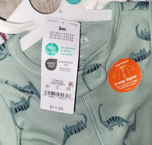 Carter's Baby Boy or Girl Dinosaur Footed 1-Piece Zip Pajamas Set of 2 - 3M NWT