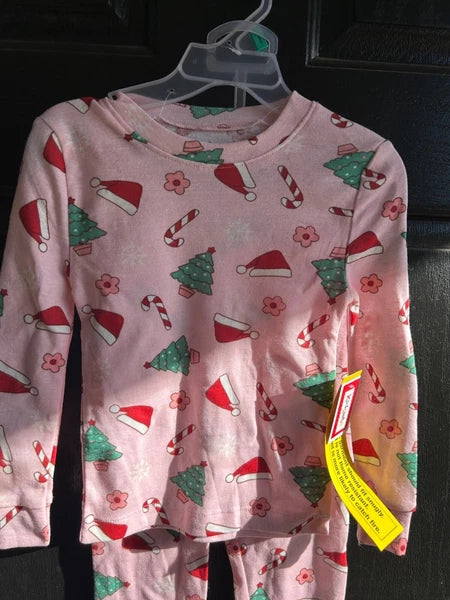 Kids Holiday Pajama Set Pink Christmas Santa Hats Trees Candy Canes Flowers 2T