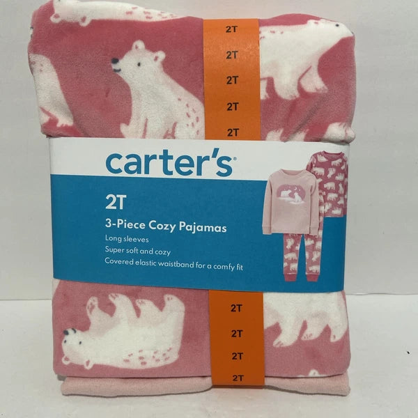 Carter’s 2T 3 Piece Pajama Set Pink Polar Bears Comfy Soft Elastic Waistband