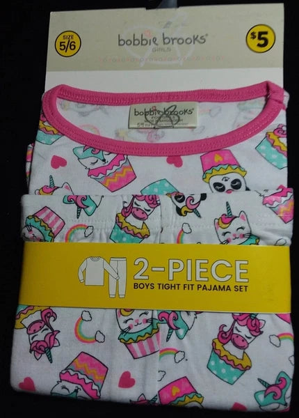 2 Pc Girls Tight Fit PJ Set By Bobbie Brooks Cupcakes Unicorns Panda Sz 5/6 NWT