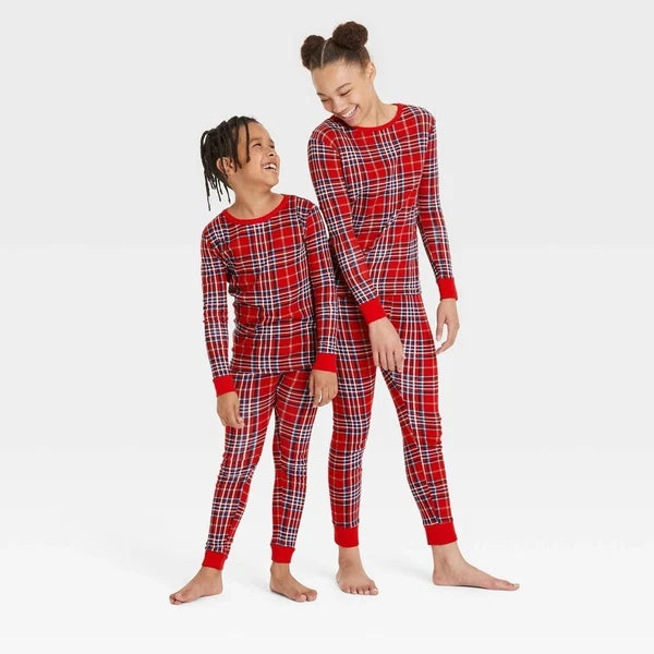 Kids' Plaid Cotton Ribbed Holiday Matching Family Pajama Set - Wondersho Red 10