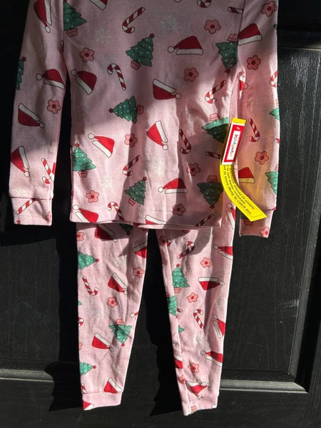 Kids Holiday Pajama Set Pink Christmas Santa Hats Trees Candy Canes Flowers 2T
