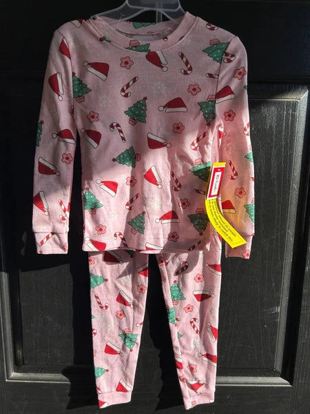 Kids Holiday Pajama Set Pink Christmas Santa Hats Trees Candy Canes Flowers 2T