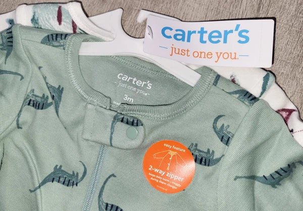 Carter's Baby Boy or Girl Dinosaur Footed 1-Piece Zip Pajamas Set of 2 - 3M NWT