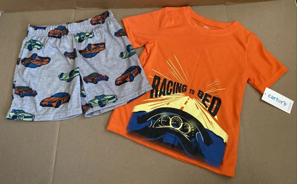 Boy's Carter's Shorts Pajama Set "Racing to Bed" Orange Size 4 *NEW* Carters